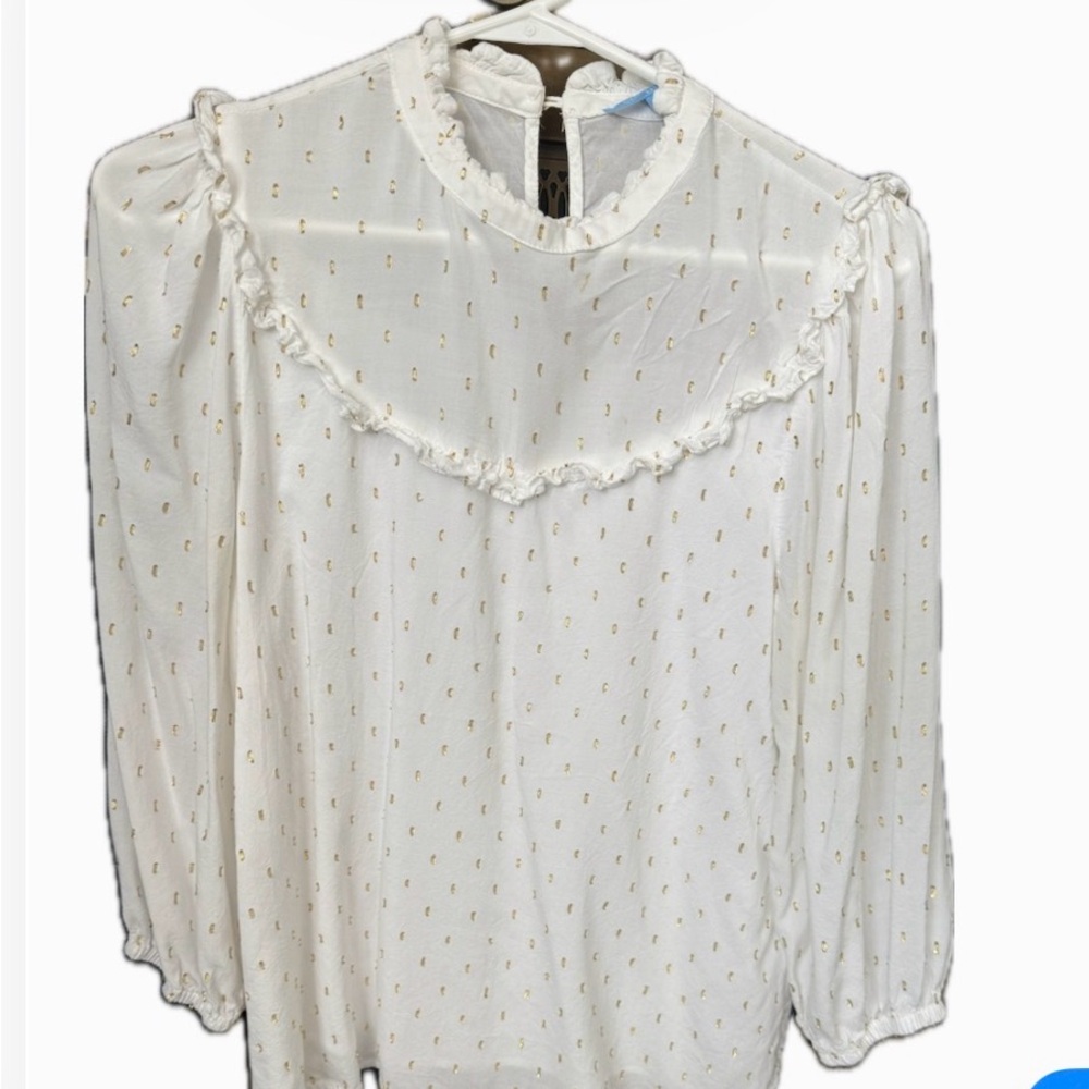 Draper James White Ruffled Blouse with Gold Accents